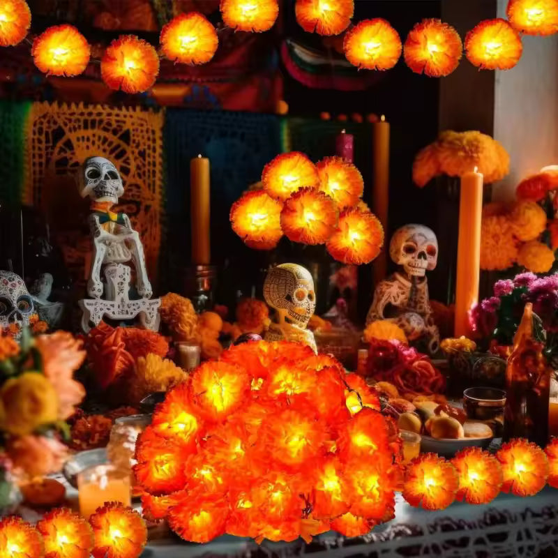 Guirnalda de luces LED caléndula naranja Día de los Muertos