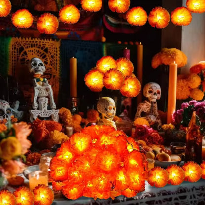 Guirnalda de luces LED caléndula naranja Día de los Muertos