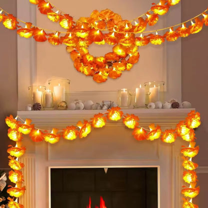 Guirnalda de luces LED de caléndula decorando una chimenea