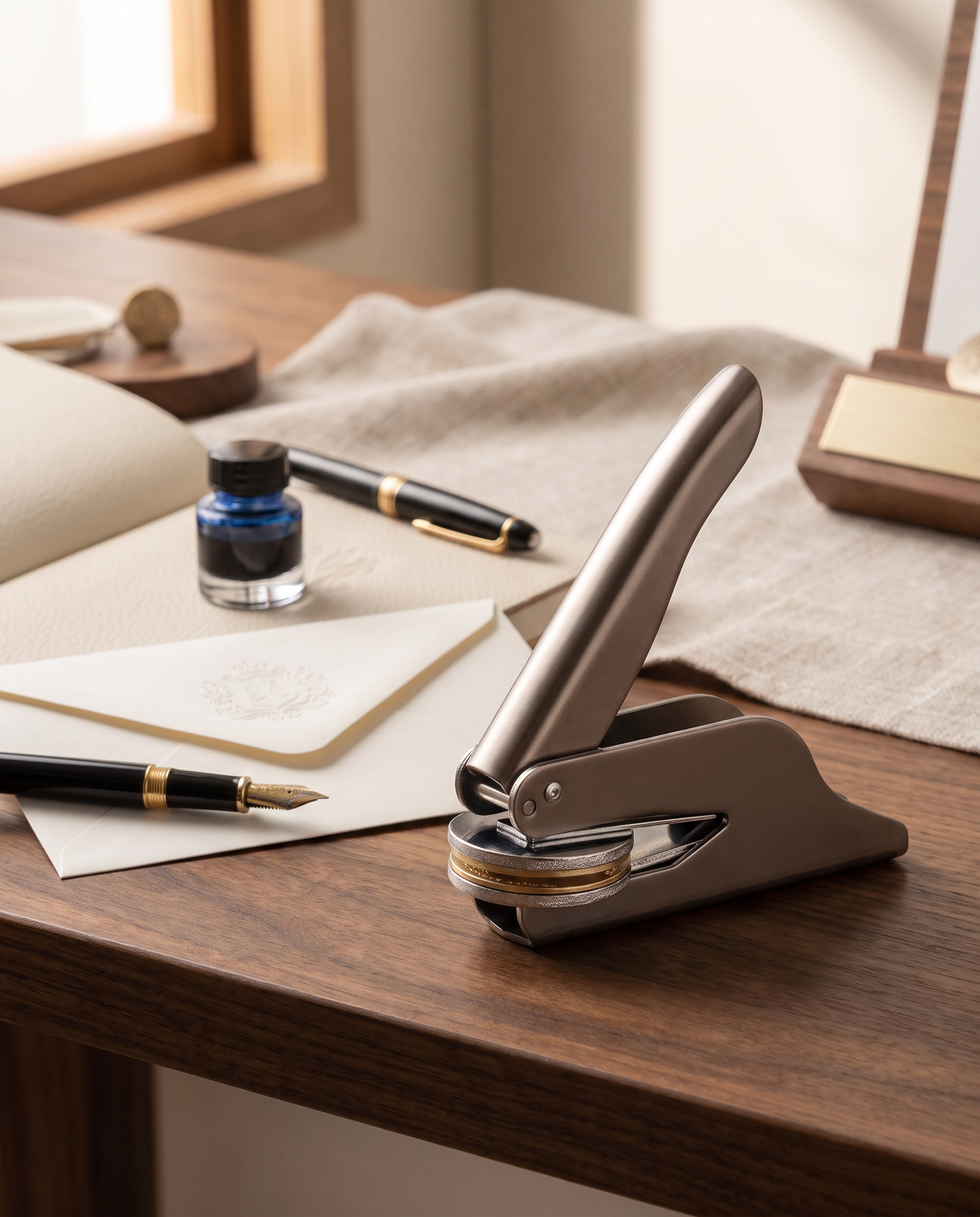 Sello personalizado en escritorio con papelería